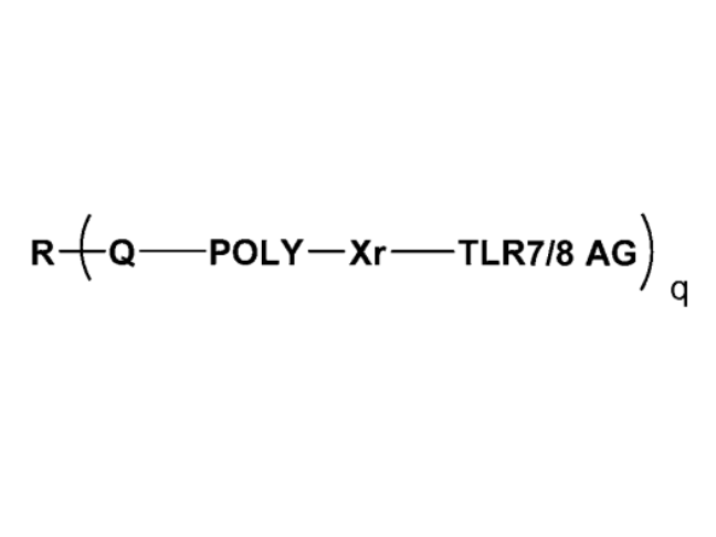 R–Q: residue of polyol/polythiol/polyamine (3–50 functional groups; Q = O, S or NH). POLY: water‑soluble non‑peptidic polymer. Xr: linkage-containing spacer. q = 3–5